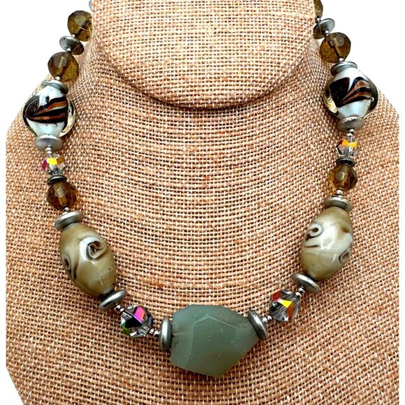 Eclectic Chunky JS Collections Mixed Bead Necklace Boho Glam Earthy Tones - Picture 2 of 6